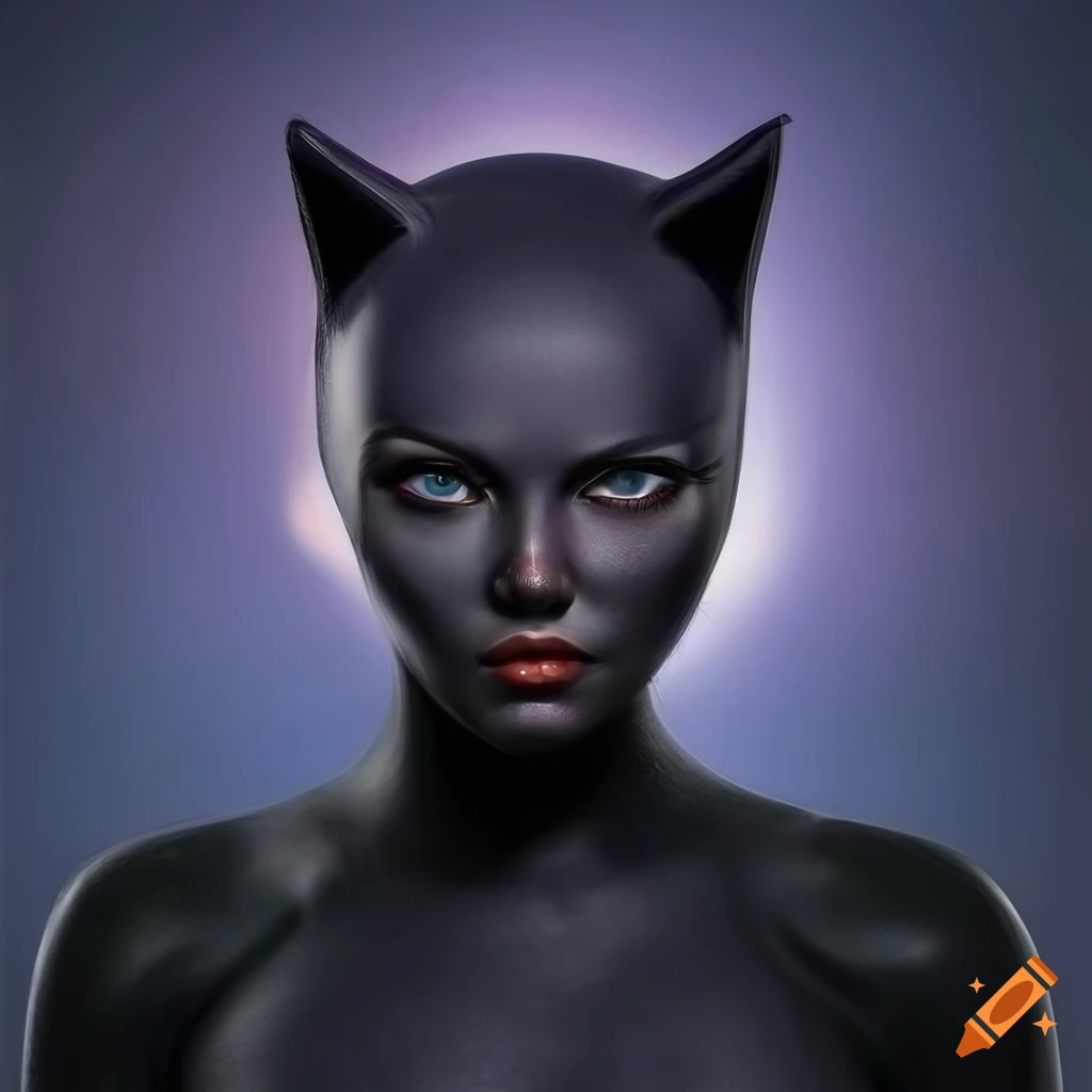 photorealistic depiction of a cute catwoman with symmetrical eyes