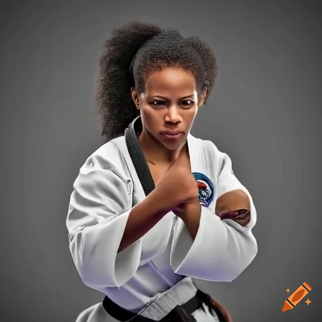 African american female martial artist with 2 dan black belt on