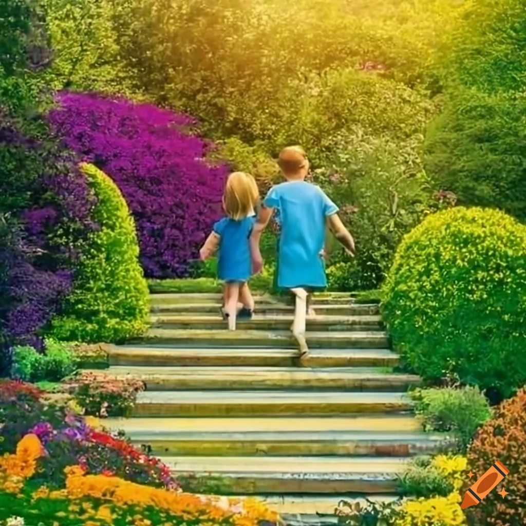 Vibrant garden with blooming flowers and curved stairs on Craiyon