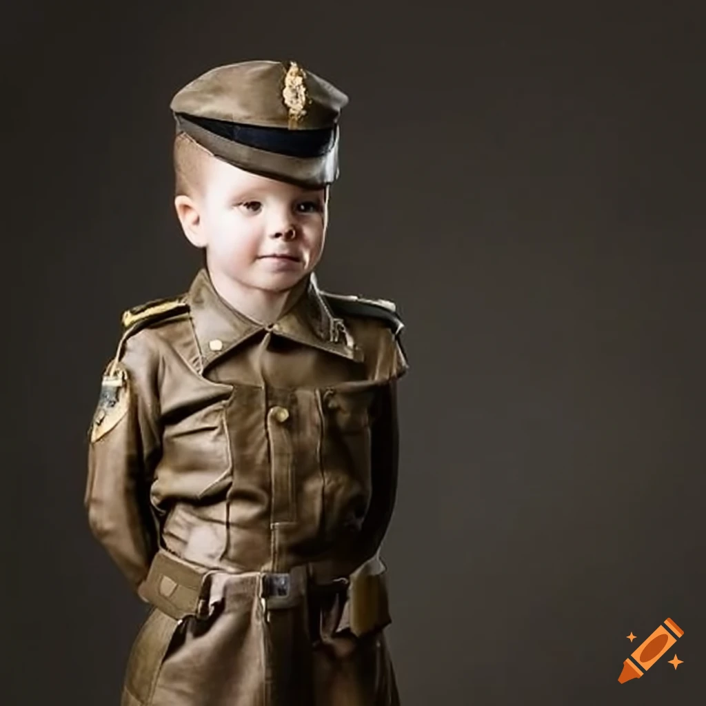 British toddler boy in leather sergeant uniform
