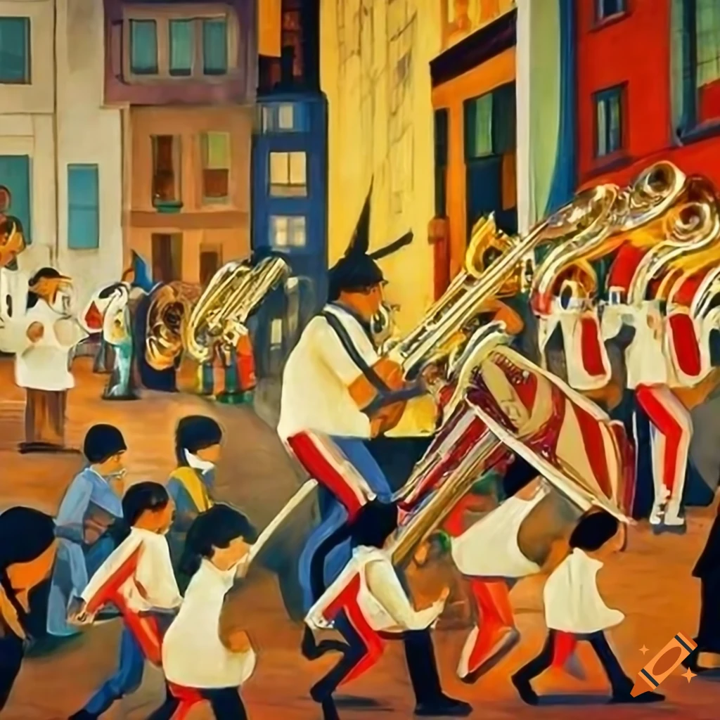 Wifredo Lam and Diego Rivera inspired painting of a marching band in a big city