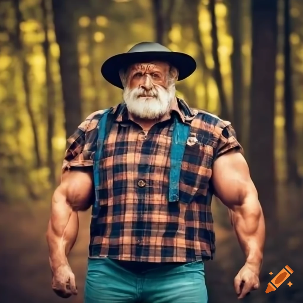 photo of a muscular old man in the forest