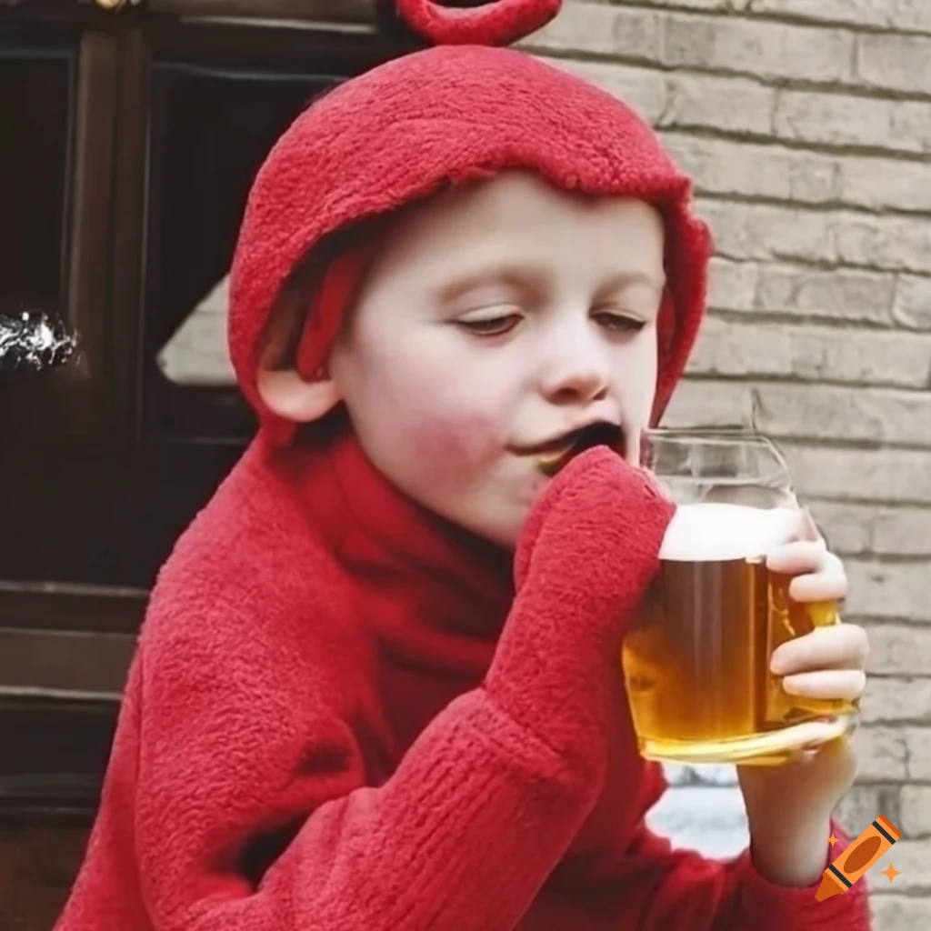 young man in teletubbies suit drinking a pint