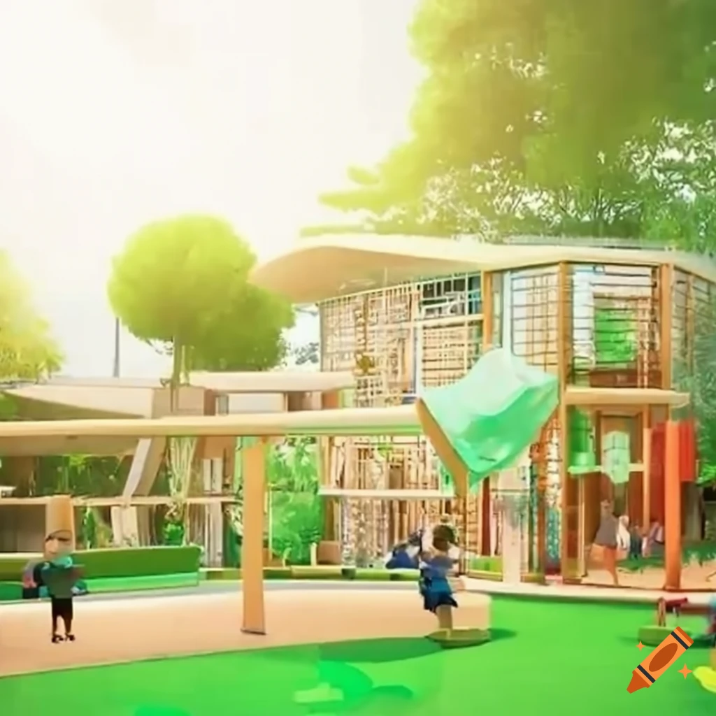 modern futuristic kindergarten with happy kids