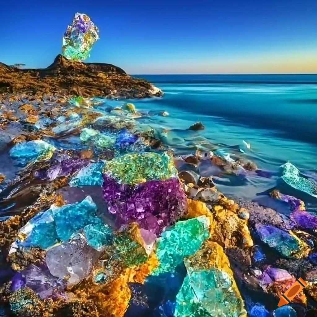 panoramic view of colorful crystal formations on a coastline