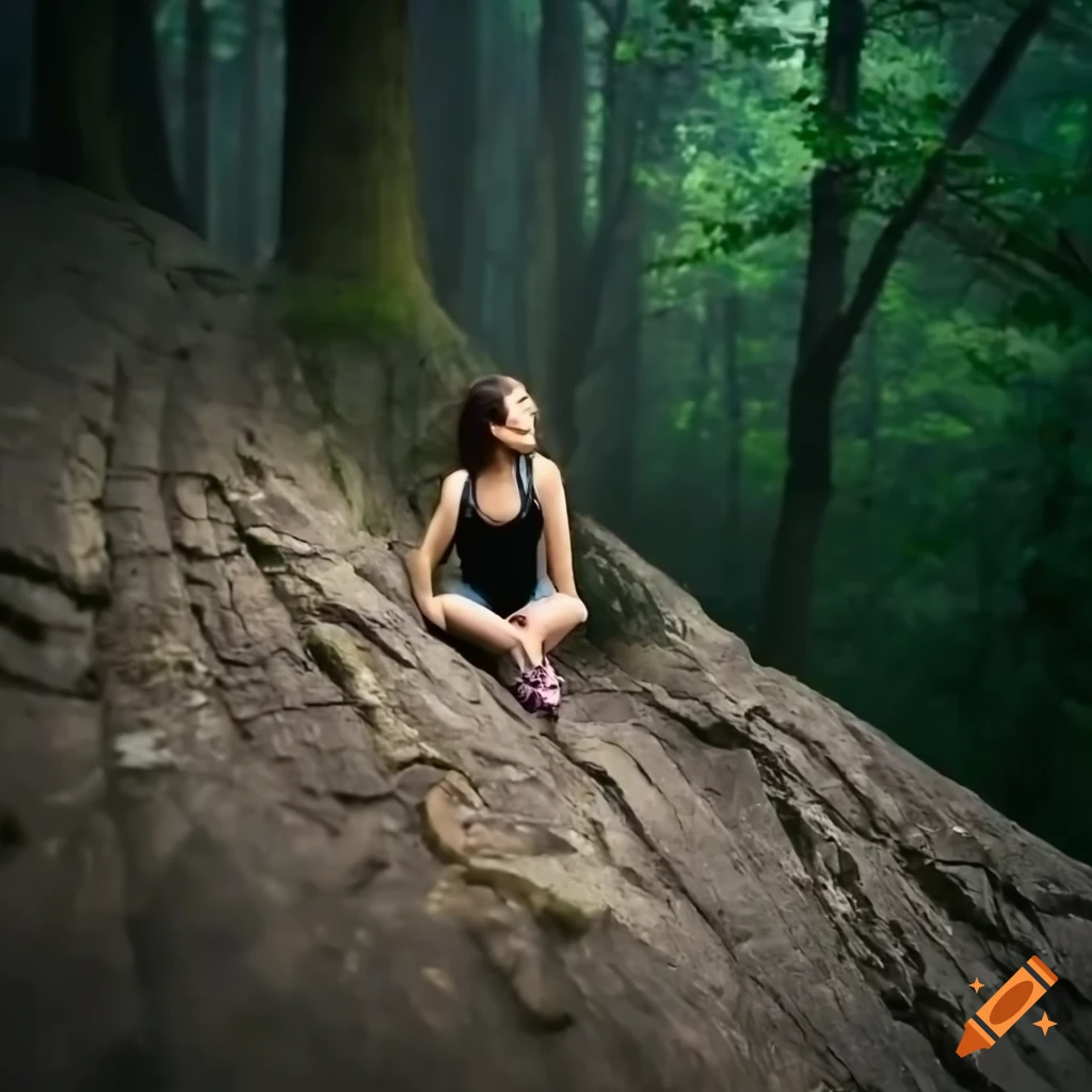 Girl sitting on the edge of a cliff overlooking a dark forest on Craiyon