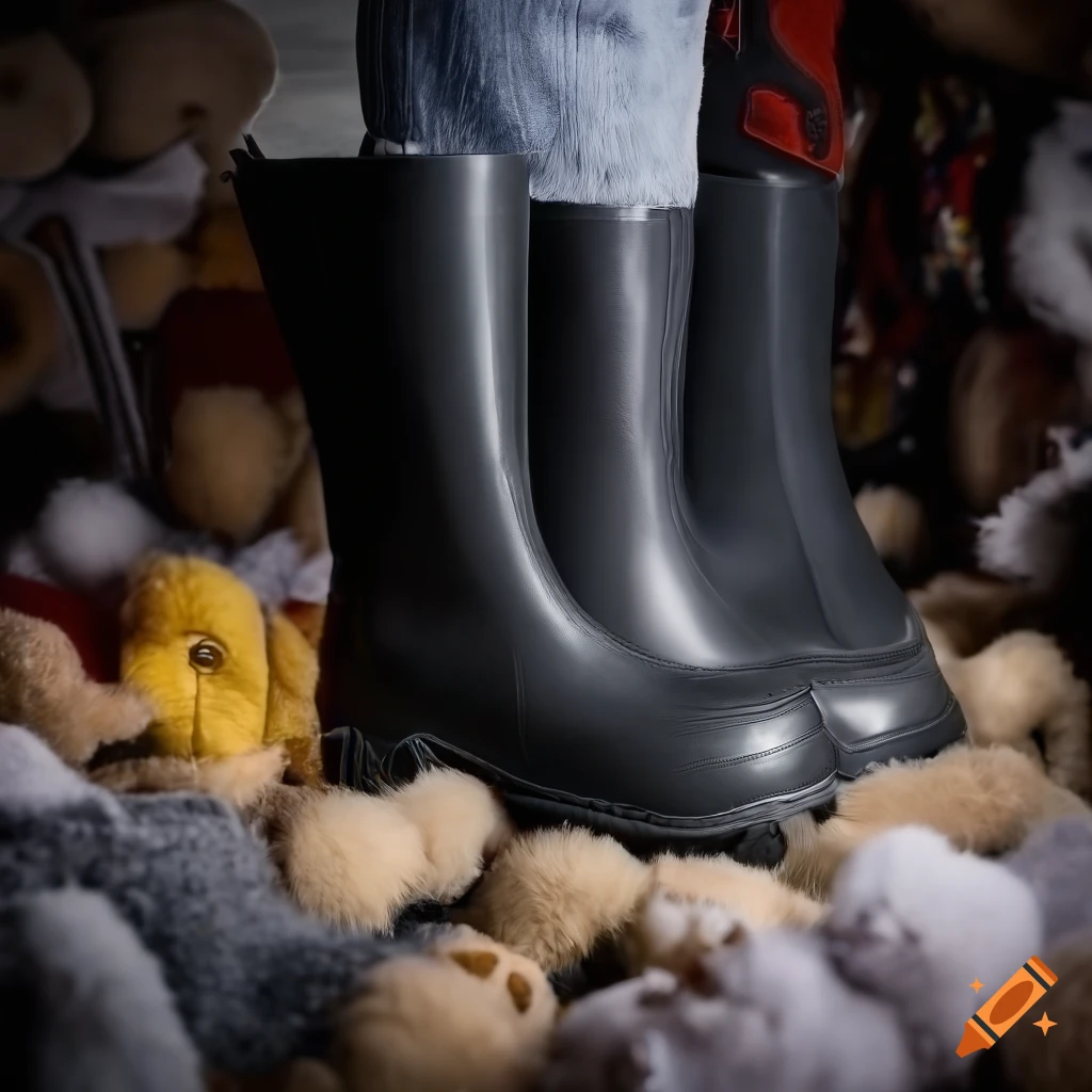 close-up of dusty black rubber boots with steel-caps on soft toys