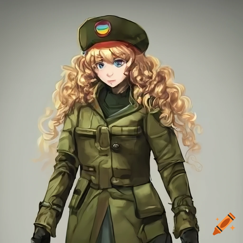 sci-fi anime art of a Russian female android with blonde hair wearing a ushanka and military coat