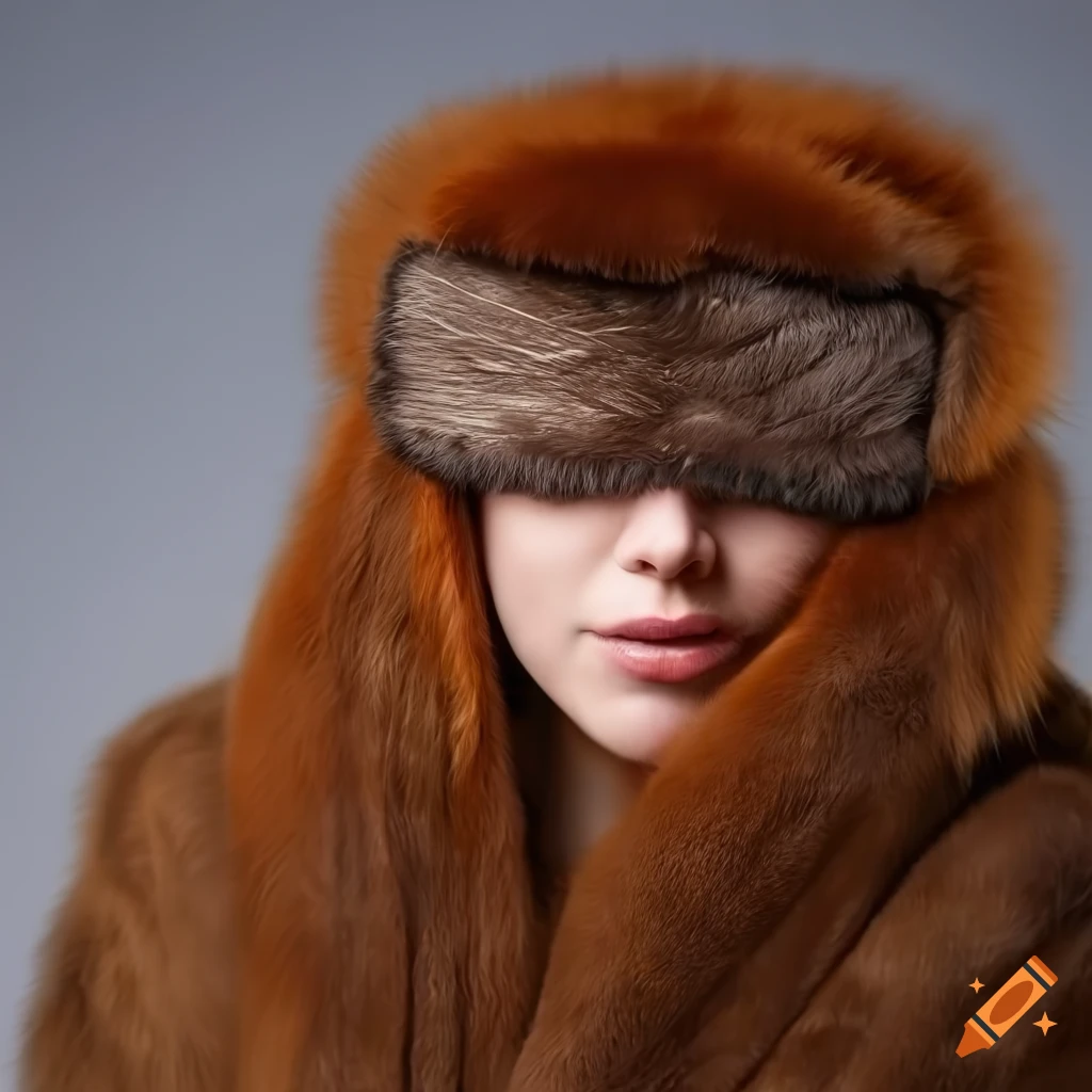 Woman with red hair wearing fur coat and sleep mask on Craiyon