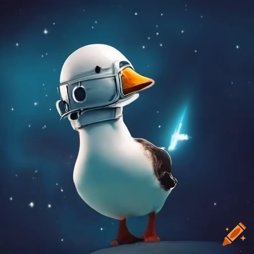 goose in a space helmet flying into space