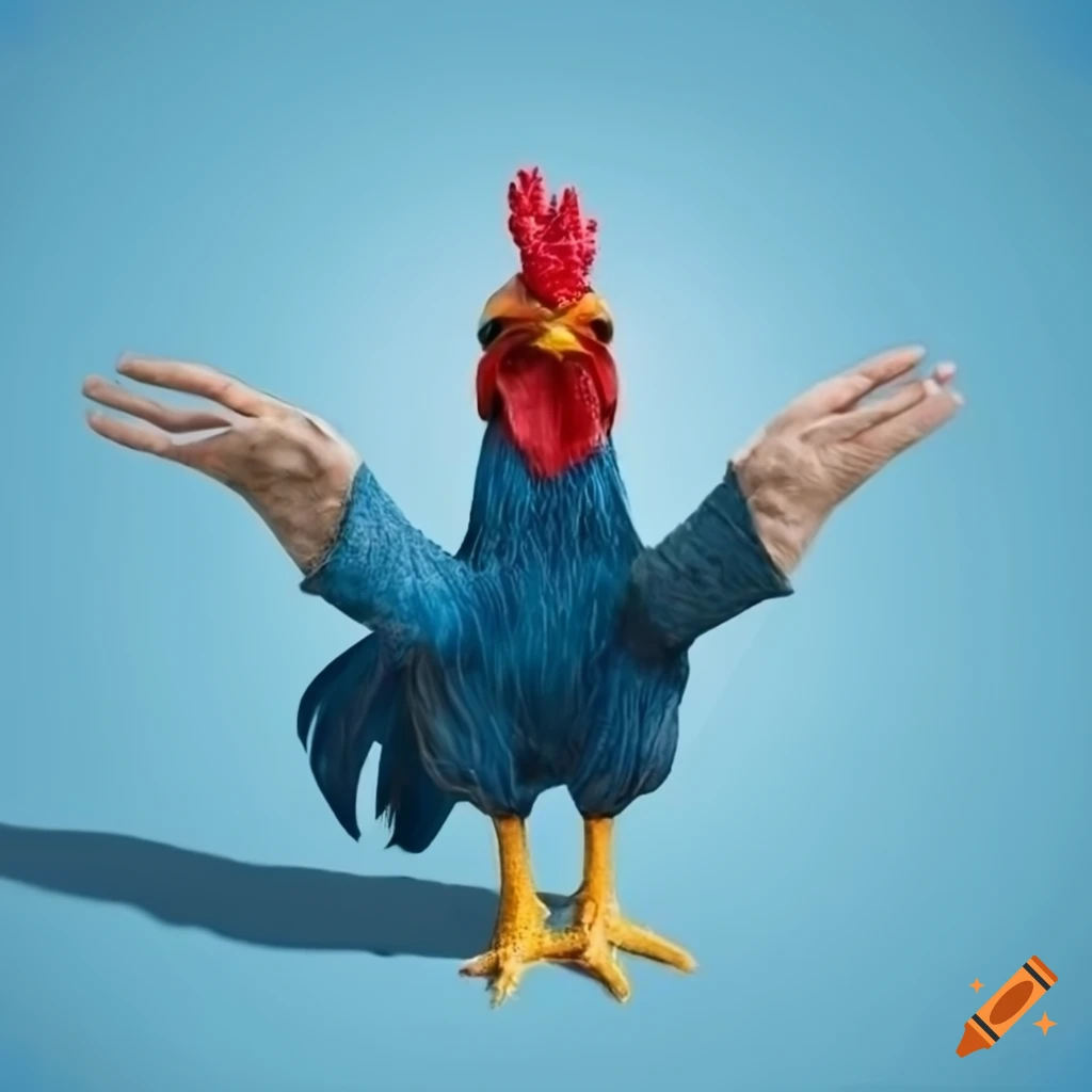 surreal artwork of a rooster with human hands