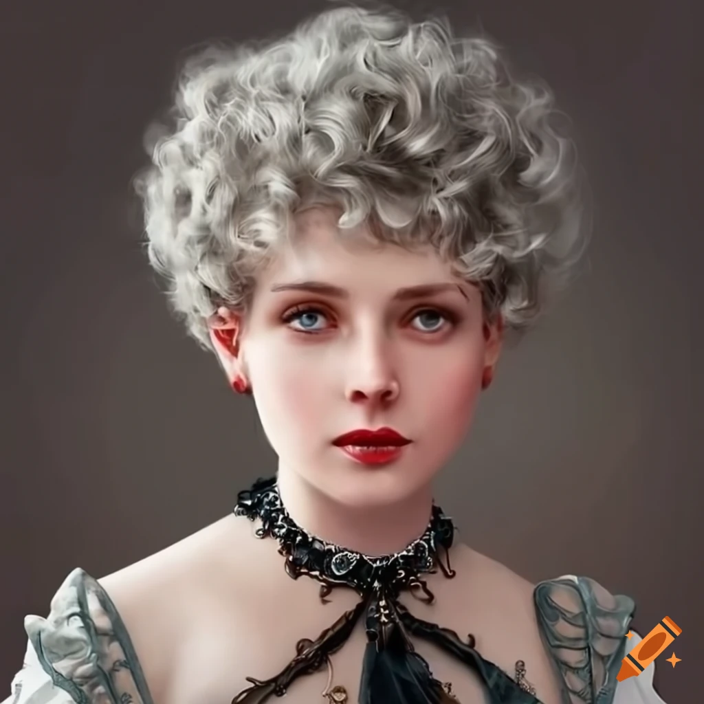 portrait of a Russian Victorian lady with curly pixie haircut