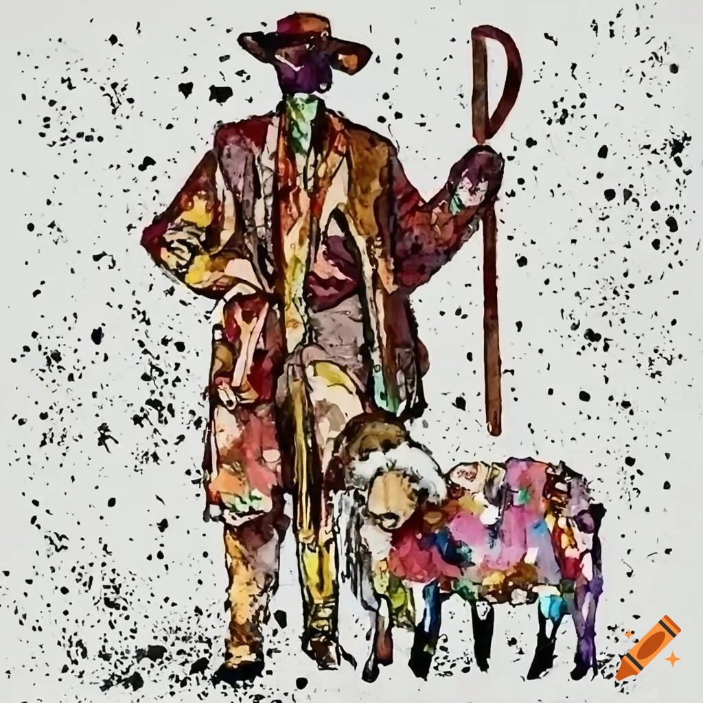 pop art of a man with shepherd staff and sheep