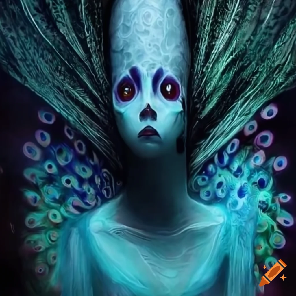 surreal image of a Japanese ghost peacock spirit