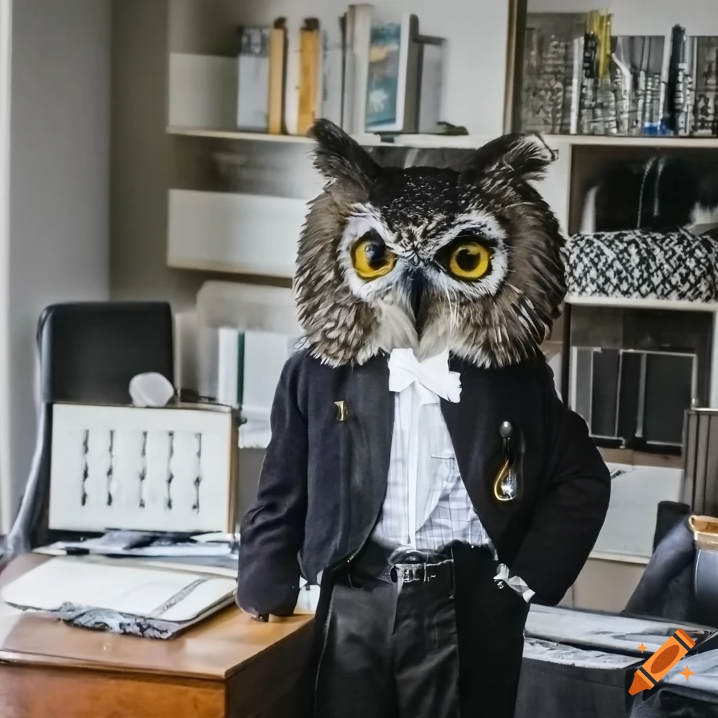Retro photo of a dapper owl in an office on Craiyon
