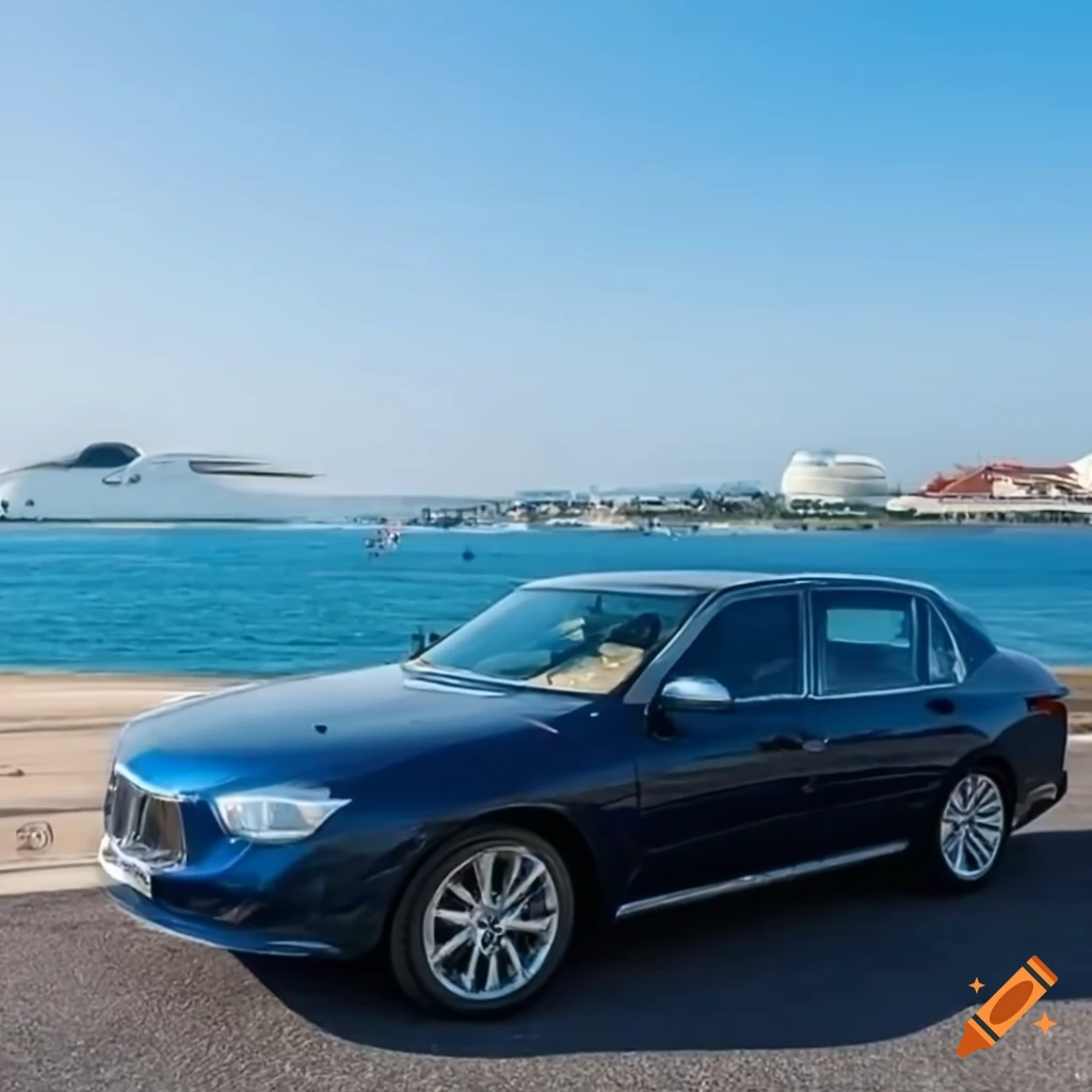 luxury car parked in front of a private jet by the sea