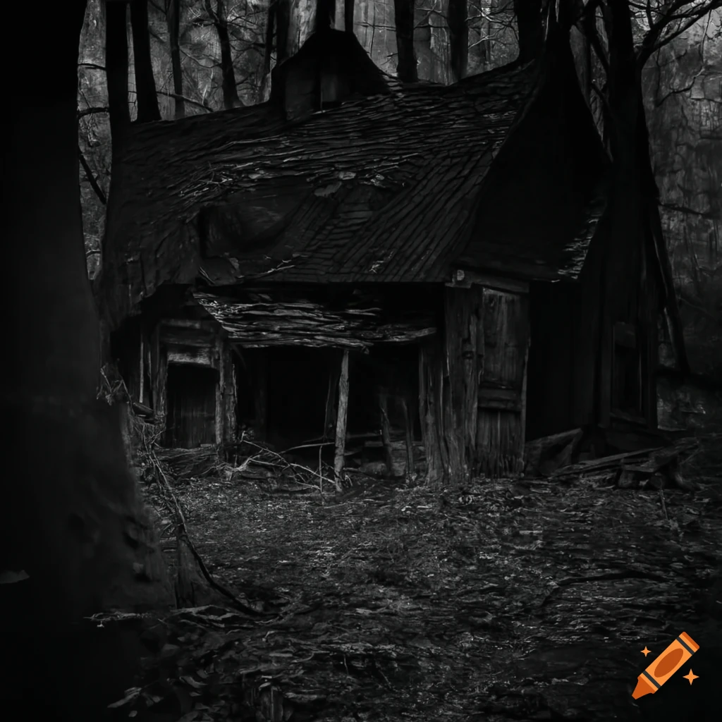 creepy image of an old broken down house in a forest