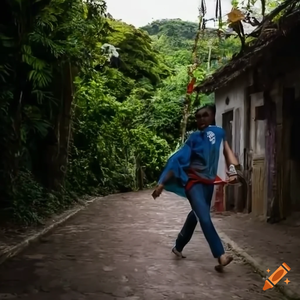 young man running out of an old Brazilian village with flowers
