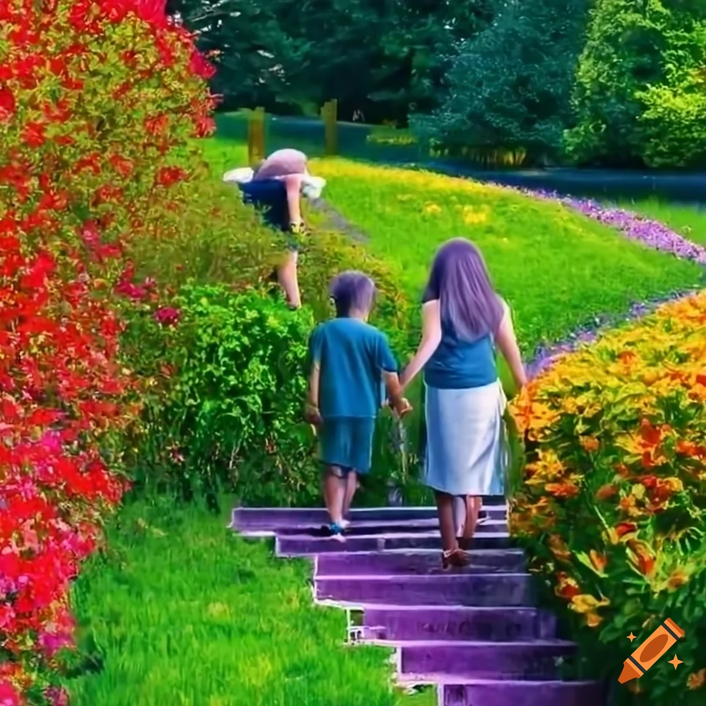 Vibrant garden with blooming flowers and curved stairs on Craiyon