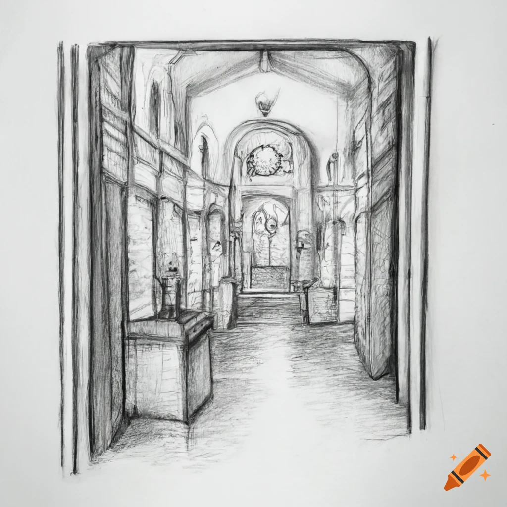 detailed pencil sketch of a tudor style hallway