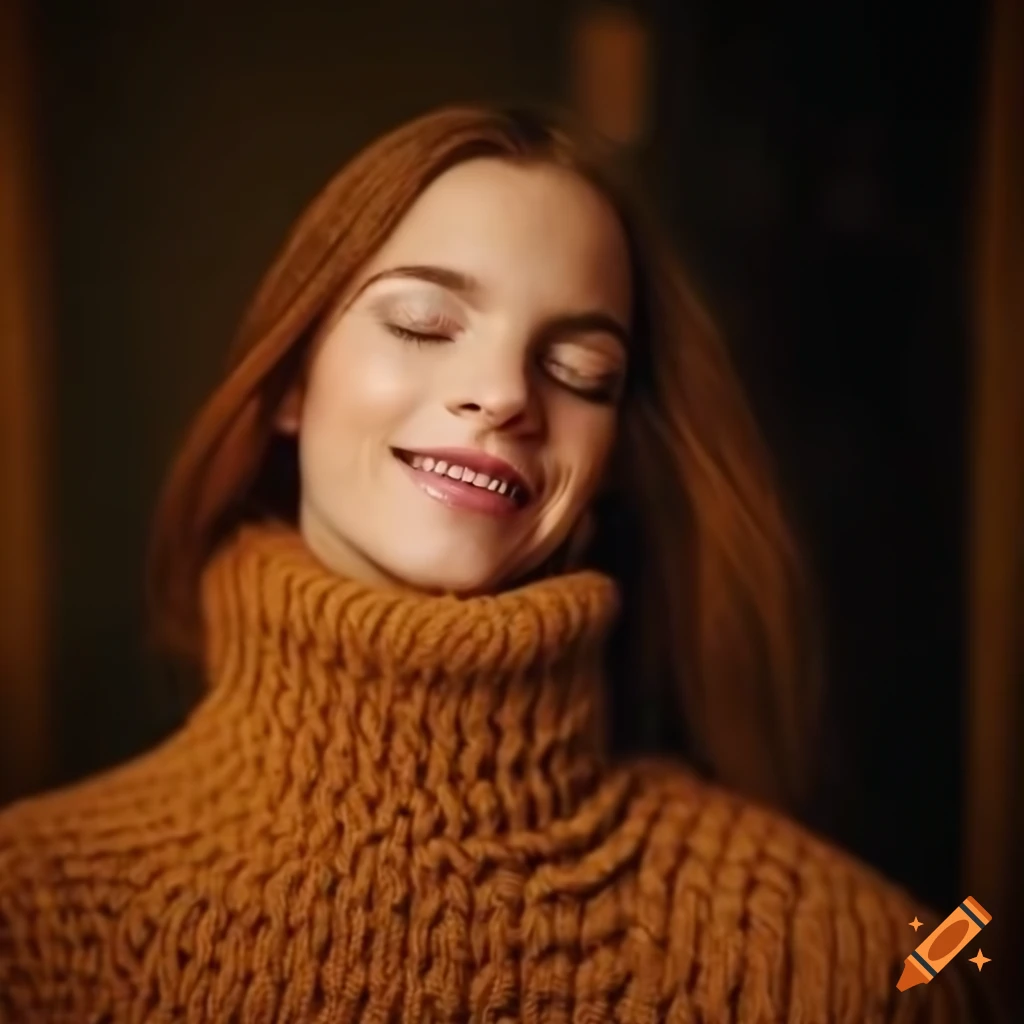 Woman with closed eyes in a cozy sweater