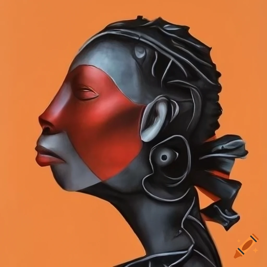 surrealist artwork featuring a faceless African tribe in charcoal and copper tones