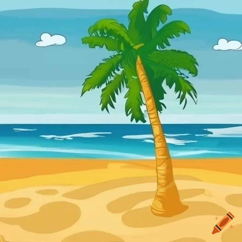 Cartoon beach sunset with palm trees on Craiyon