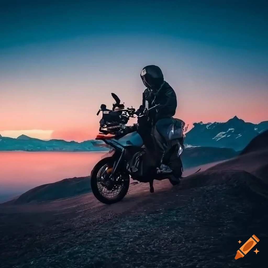 Moto esportiva parada na montanha com por do sol de fundo