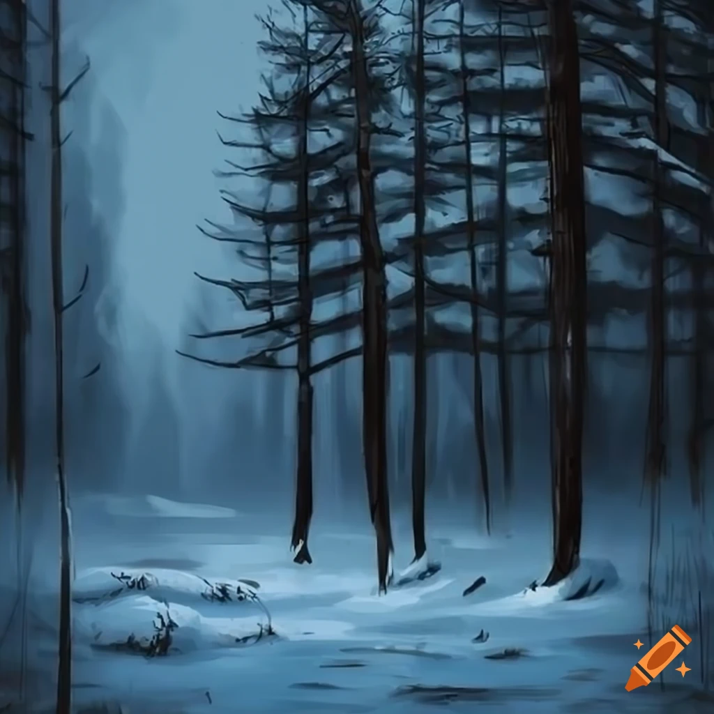 sketchy style painting of snowy pine forest