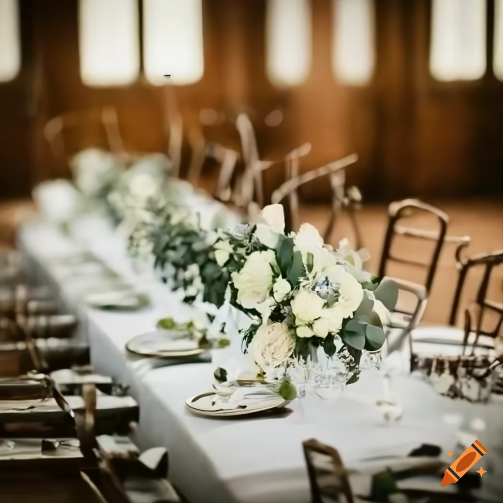 photo of a rustic wedding table with eucalyptus and white flowers