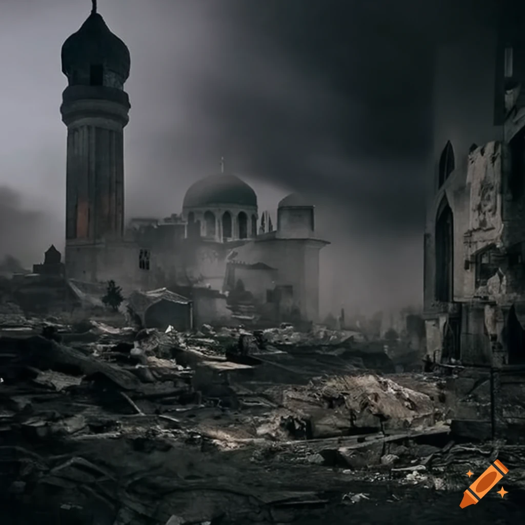 devastated city with a ruined mosque