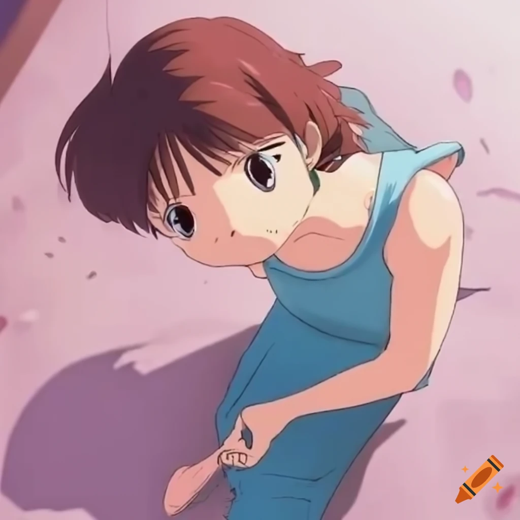 Ghibli style artwork of a girl sitting on a bike saddle