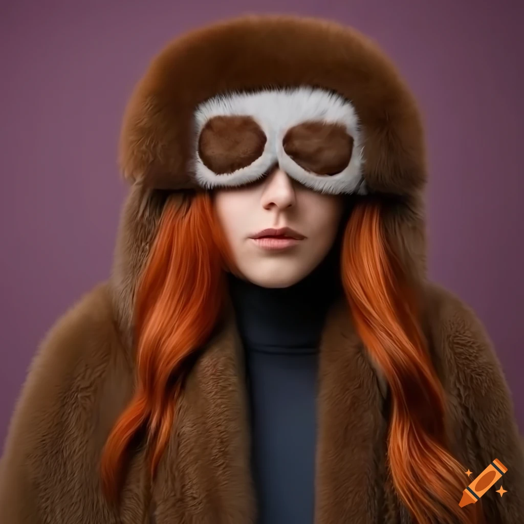Woman in red hair wearing a fur coat and sleep mask on Craiyon
