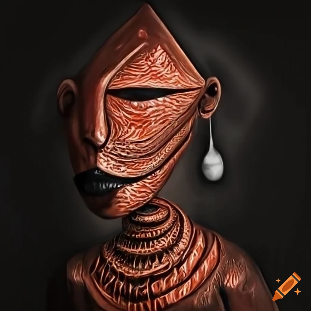 charcoal artwork of a faceless African tribe in surreal style
