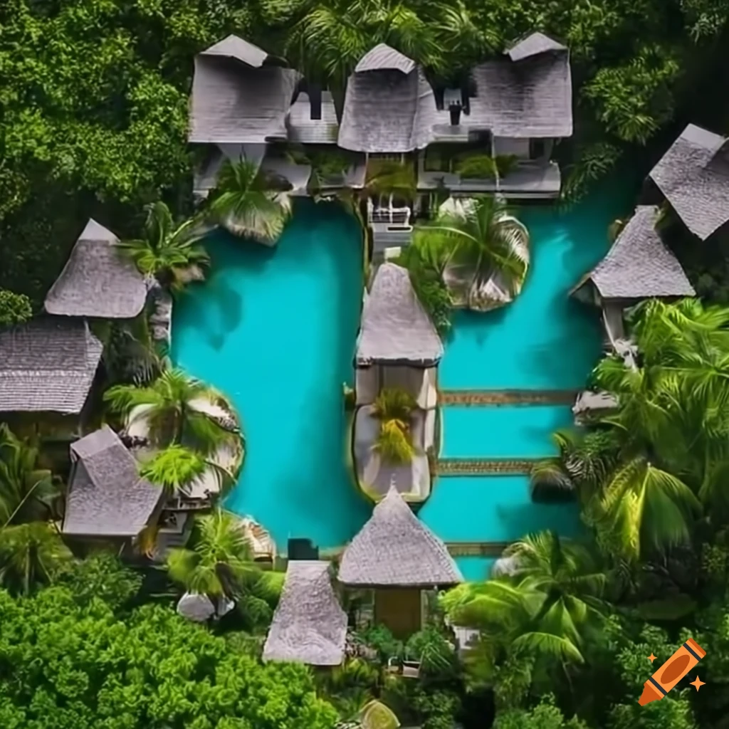 Aerial view of luxurious pool villas amidst coconut trees on Craiyon