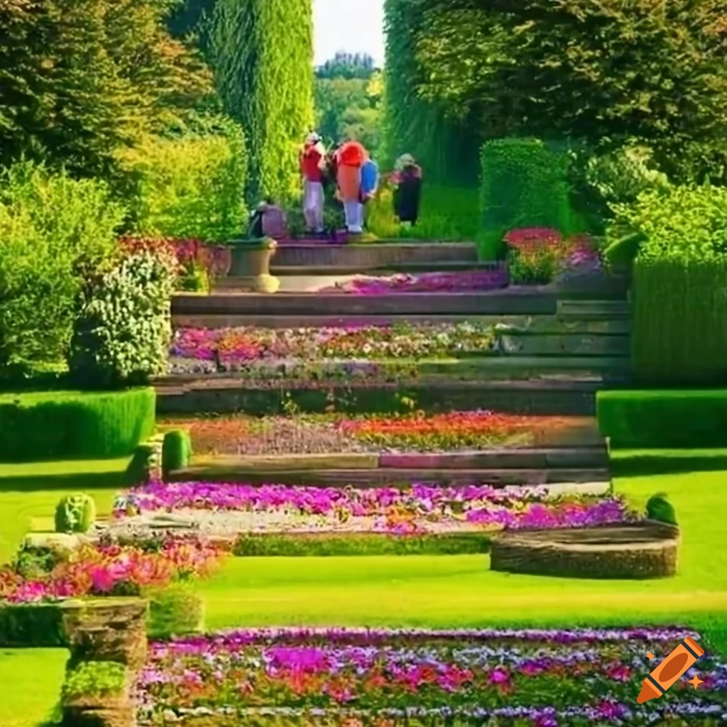family walking by the lakeside in a garden