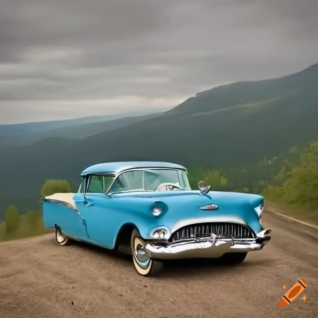 1955 blue Oldsmobile driving on a mountain road