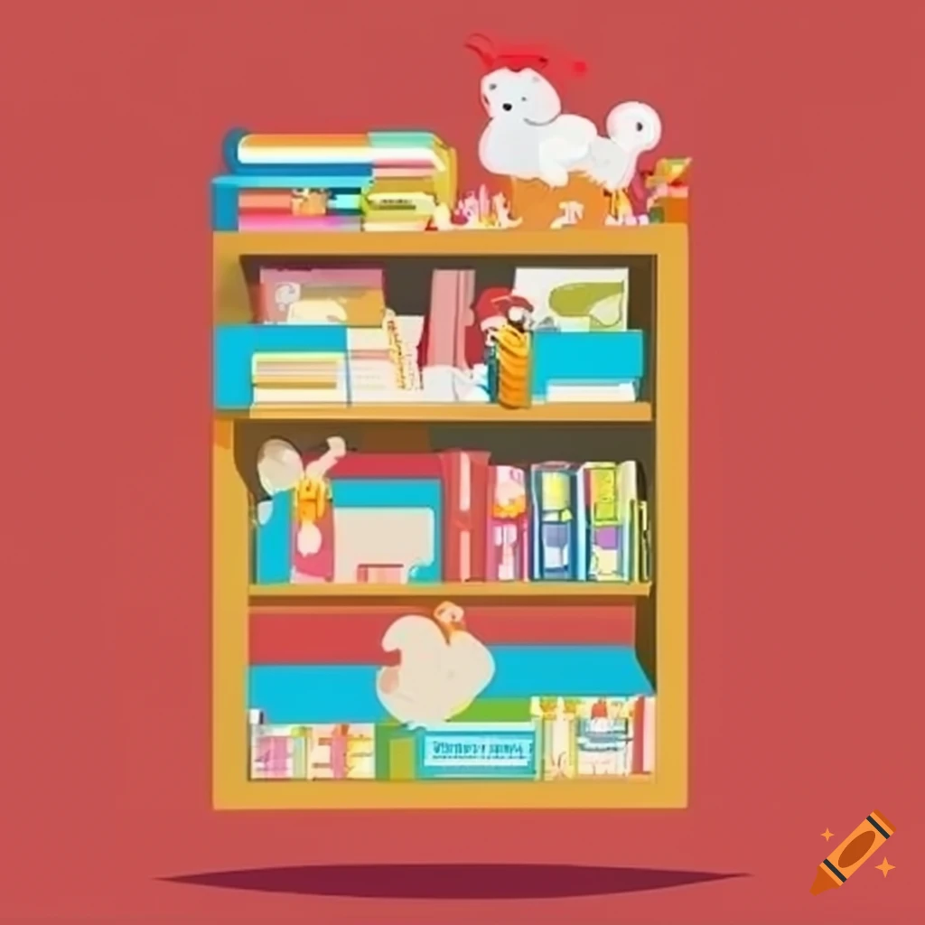 vector label for swap event with books and toys on shelf
