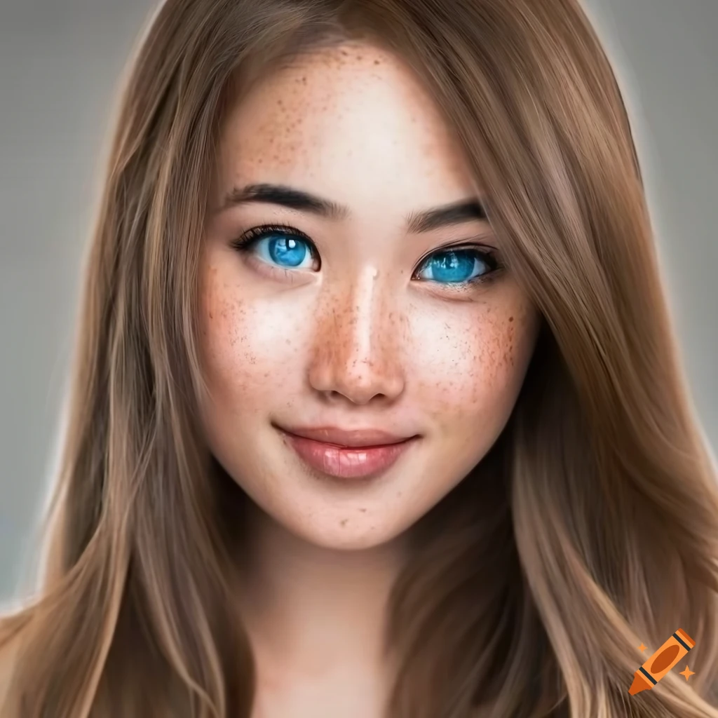portrait of a beautiful young woman with freckles and blue eyes