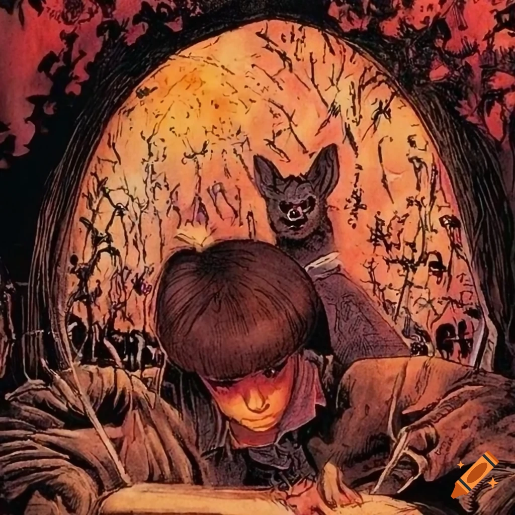 Noir graphic novel artwork of a vineyard with a moth motif