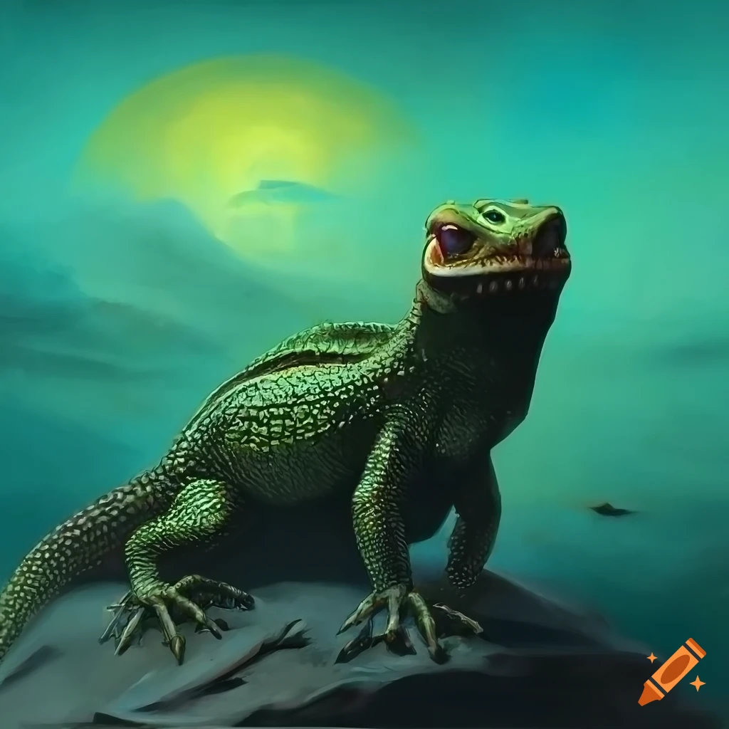 eerie painting of a green lizard