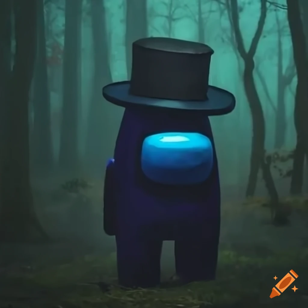 Dark blue among us imposter with a top hat in the forest on Craiyon