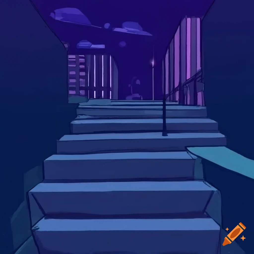 twilight cityscape with outdoor staircase in anime style