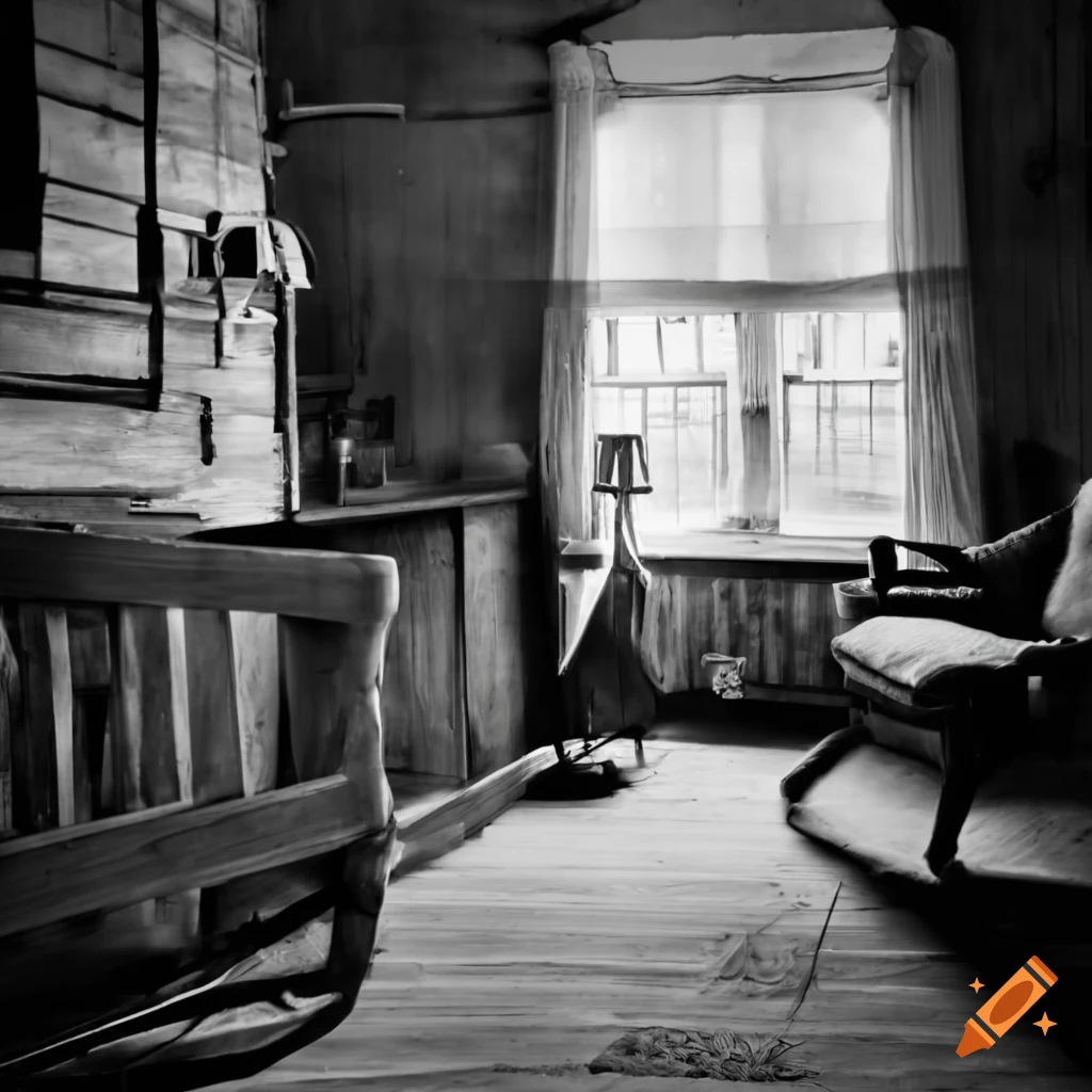 black and white photograph of a farmhouse interior