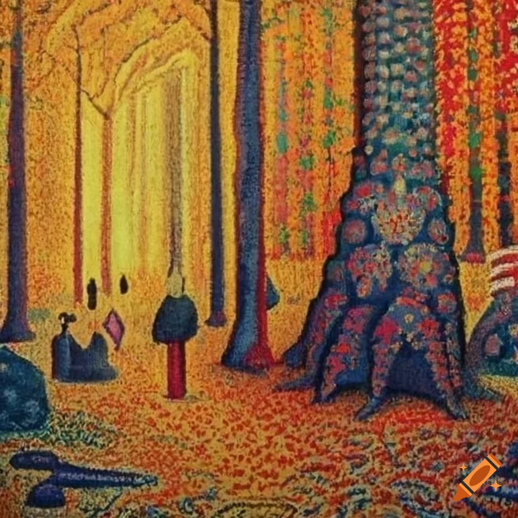 medieval tapestry inspired by Yves Tanguy, Signac, and Seurat