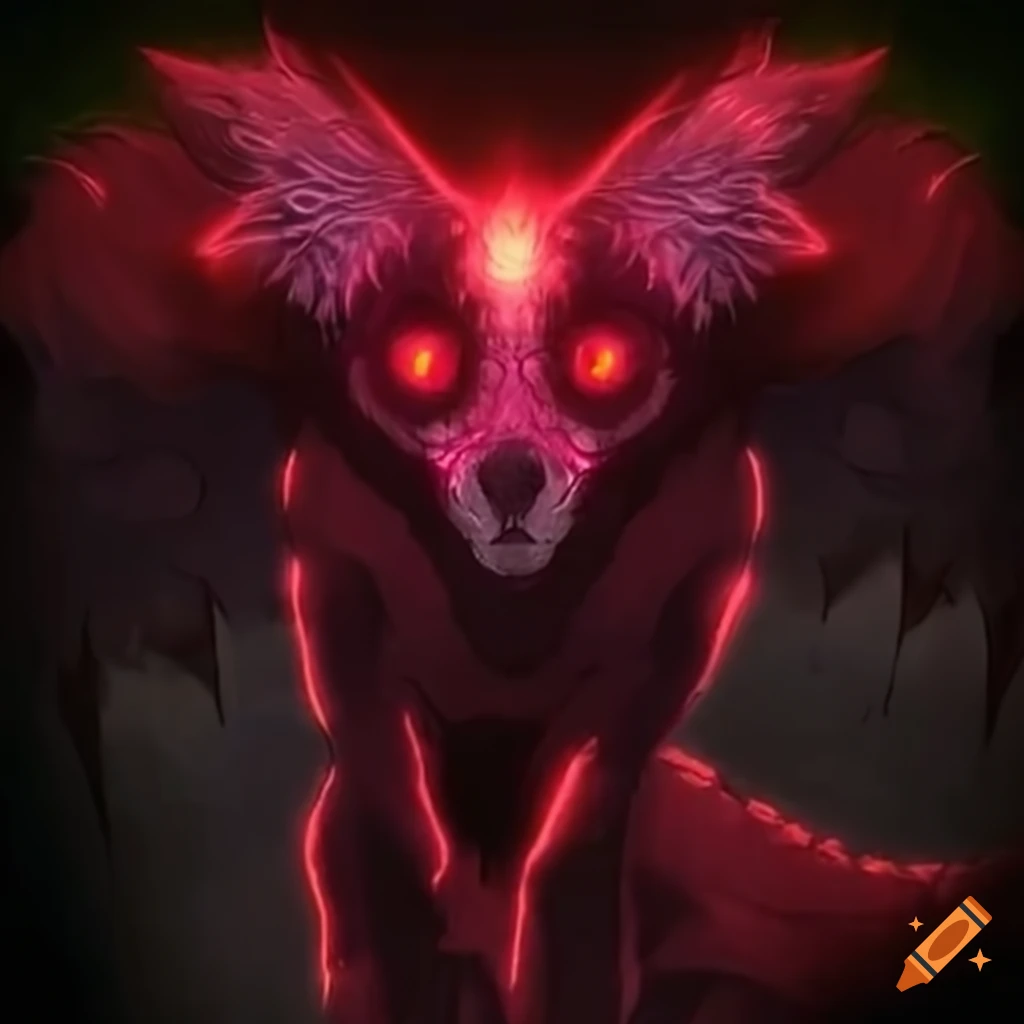 close-up of a chupacabra with glowing red eyes