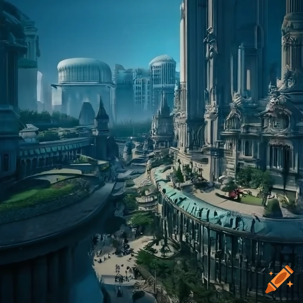 detailed fantasy artwork of a crystal boulevard with gardens and white stairs
