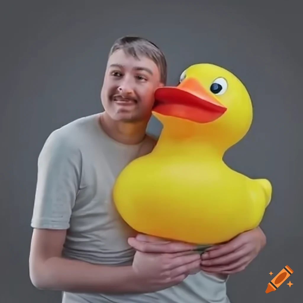 Man joyfully hugging a giant yellow duck toy on Craiyon