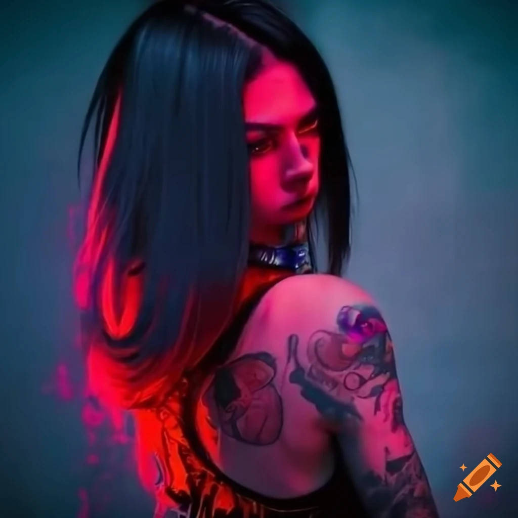 cyberpunk biker girl with tattoos and red highlighted hair