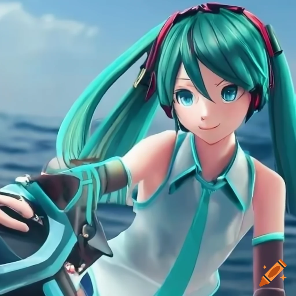 hatsune miku riding a motorcycle at the sea